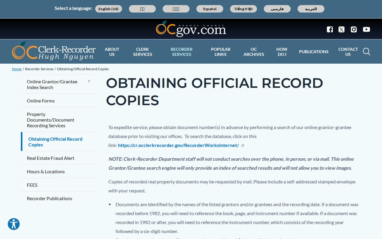 Laguna Hills street directory official recorded document copy guidance