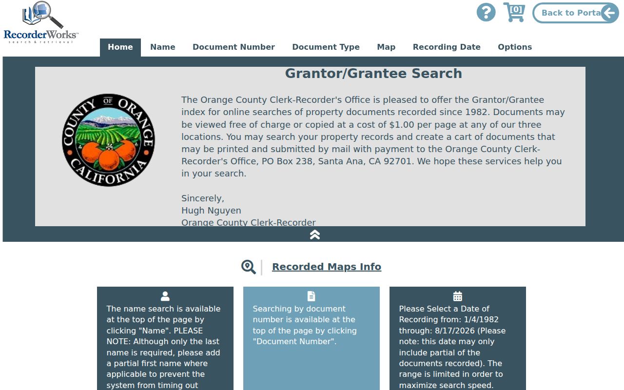 Laguna Hills street directory RecorderWorks grantor grantee index